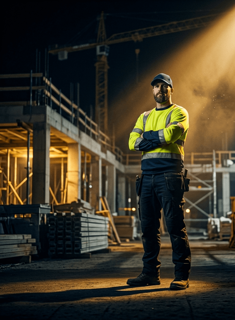 A tradesperson standing on a construction site at night
